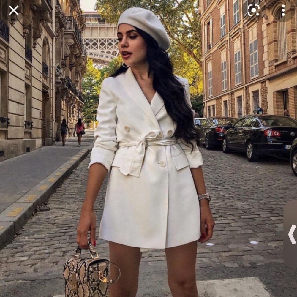 Zara White Double-Breasted Belted Blazer Dress